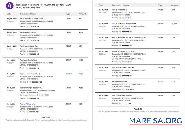Printable India PhonePe transaction statement word 2 pages example